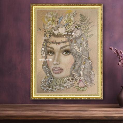 Frau mit natur, süsse tiere, frau mit blumen, zeichnung mit frau und natur.