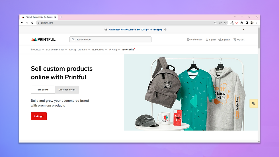 Printful main menu print on demand