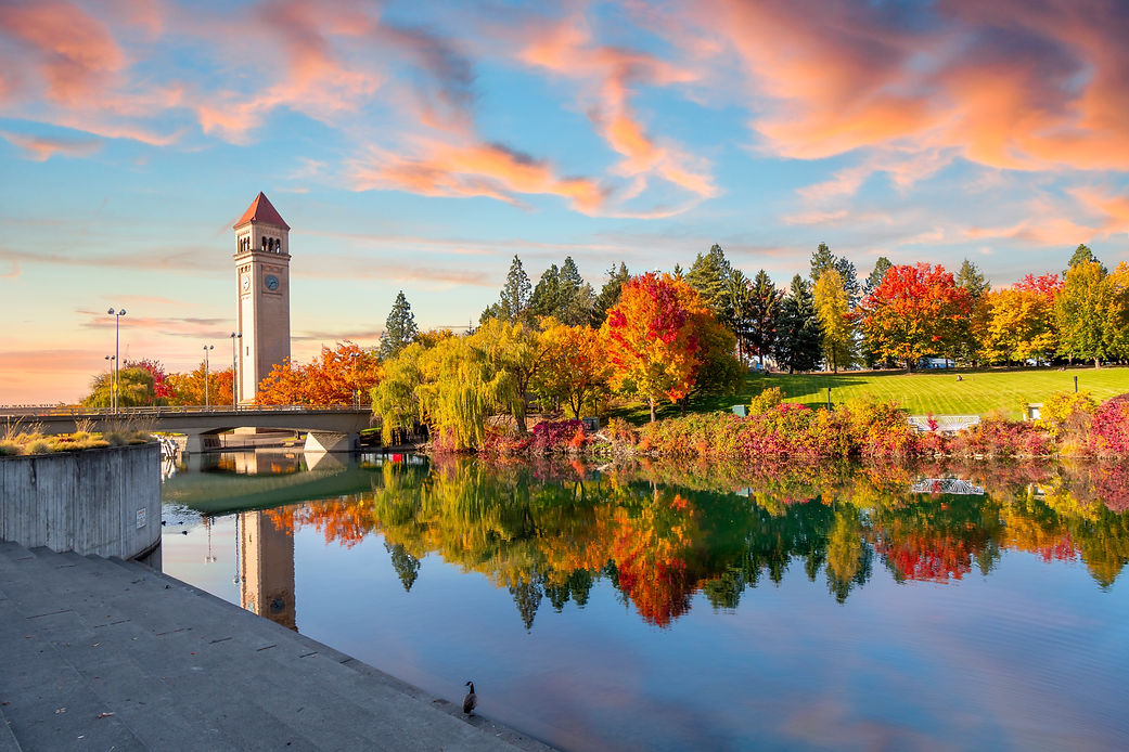 Colorful autumn sunset at Riverfront Park along the Spokane River in downtown Spokane, Was