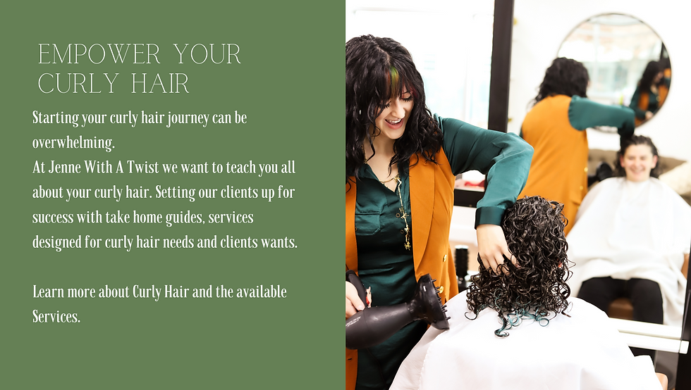 Empower your curly hair. starting your curly hair journey can be overwhelming. at jenne with a twist we want to teach you all about your curly hair. setting our clients up for success with take home guides, services designed for curly hair needs and clients wants. learn more about curly hair and the available Services