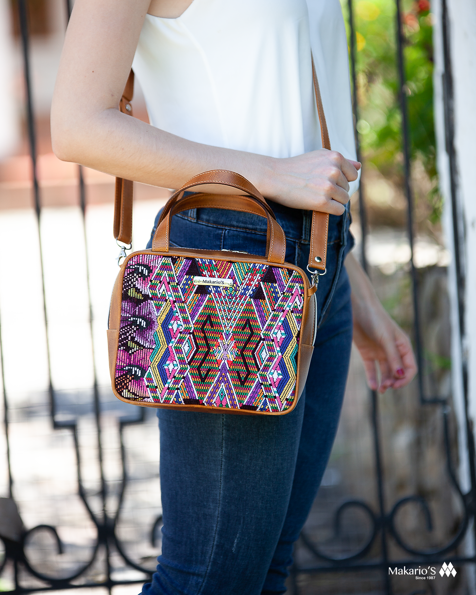 Thumbnail: Huipil Leather Bag Crossbody Bag With Geometric Pattern Worn On Shoulder