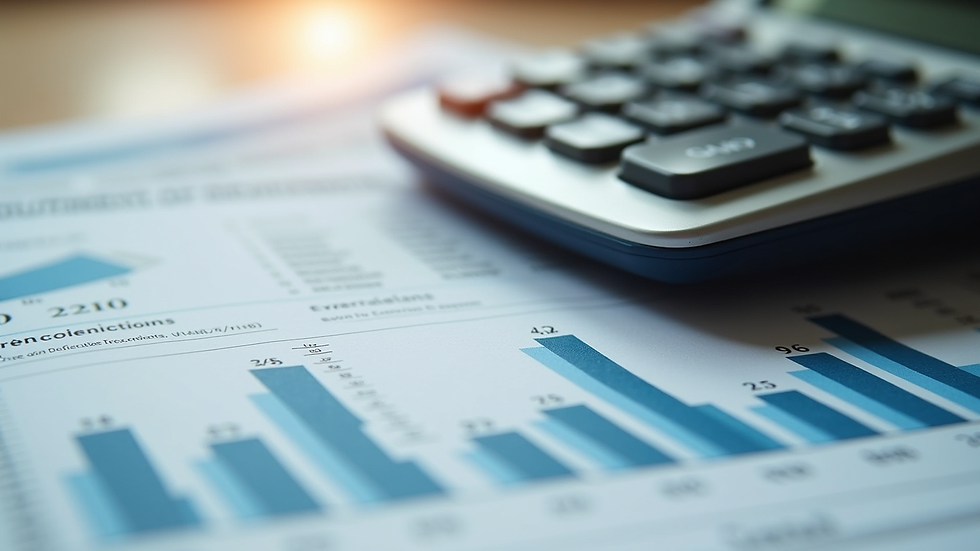 Close-up view of a calculator with financial documents