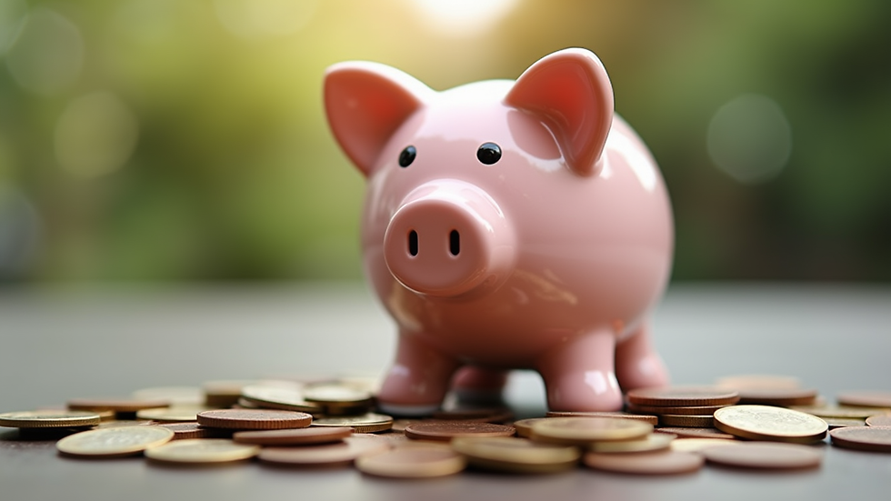 Eye-level view of a piggy bank surrounded by coins
