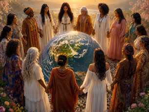 women of various ages and races holding hands surrounding a realistic globe with a sunset in the background