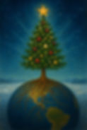 a decorated Christmas tree with deep roots on top of the world
