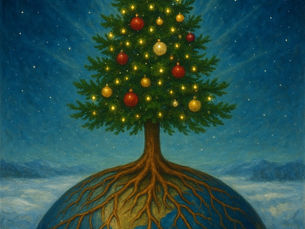 a decorated Christmas tree with deep roots on top of the world