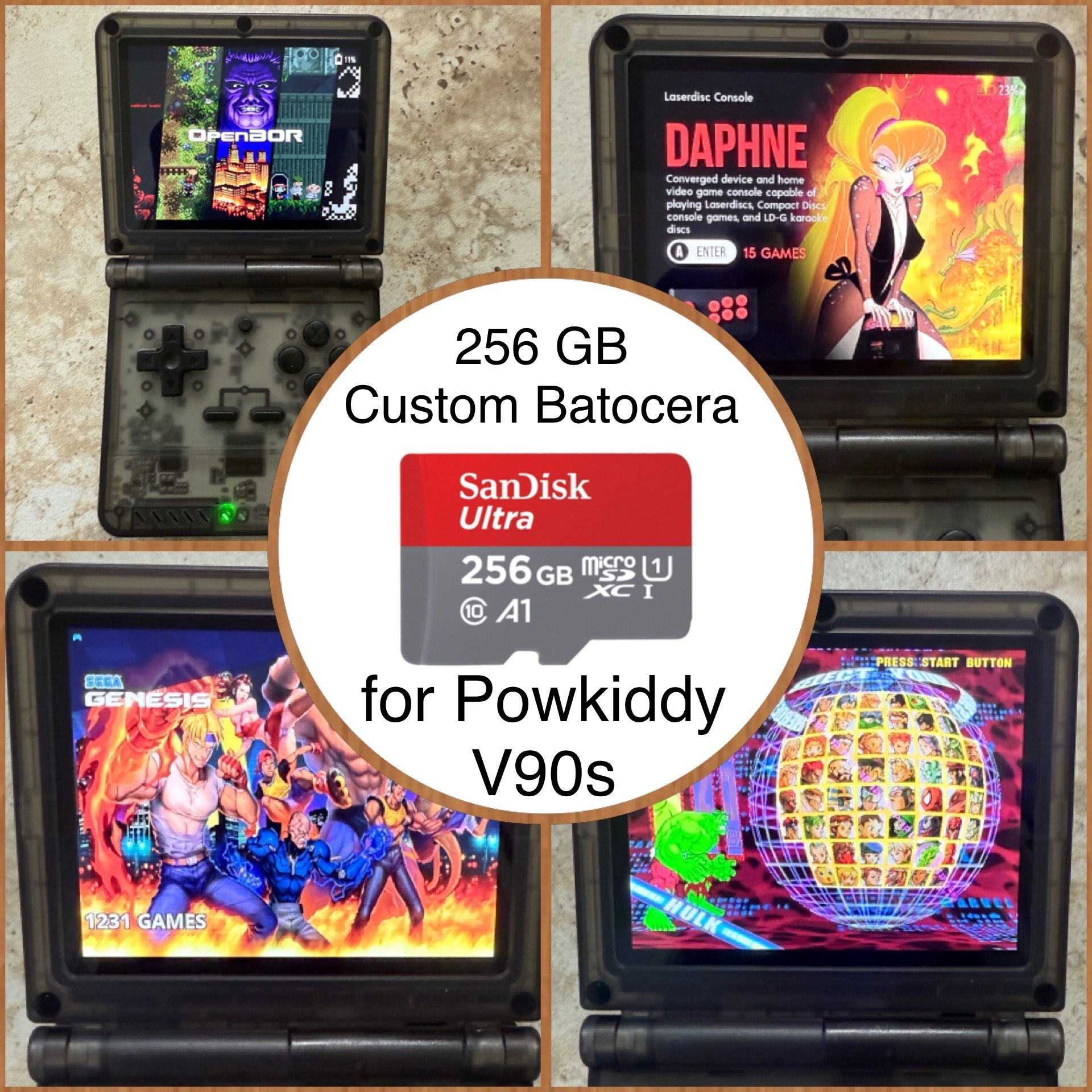 256 GB Powkiddy V90S micro sd card; TF1 slot, Plug n Play, Optimized Batocera OS