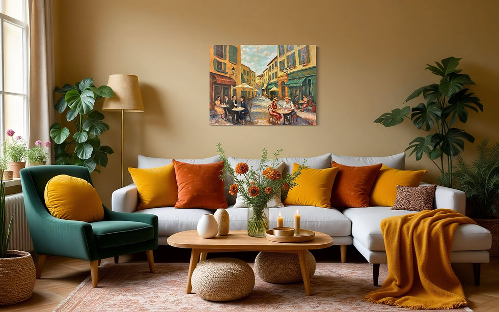 Eye-level view of a cozy living room with a unique painting on the wall