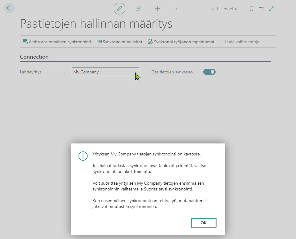 Päätietojen hallinnan määrityksen avulla Business Centralin yrityksessä voidaan noutaa tietoja ja määrityksiä saman ympäristön toisesta yrityksestä helposti.