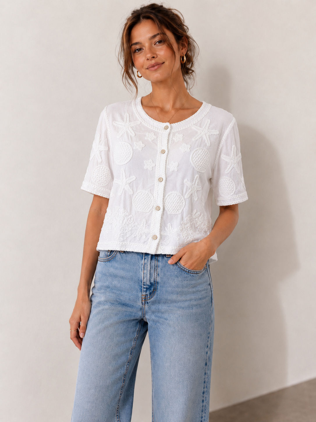 Textured Embroidered Cotton Cardigan
