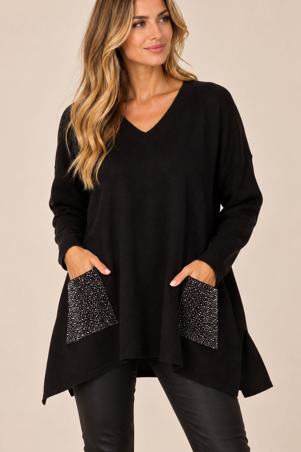Embellished Pocket V-Neck Jumper