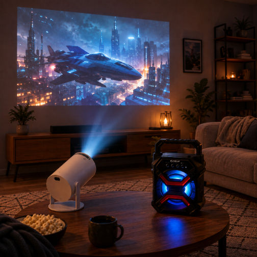 Living Room projector setup with portable Bluetooth speaker