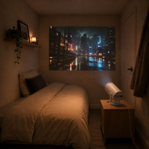 Portable projector setup for a small bedroom with limited space