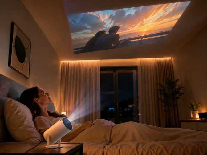 Mini projector displaying a movie on a bedroom ceiling
