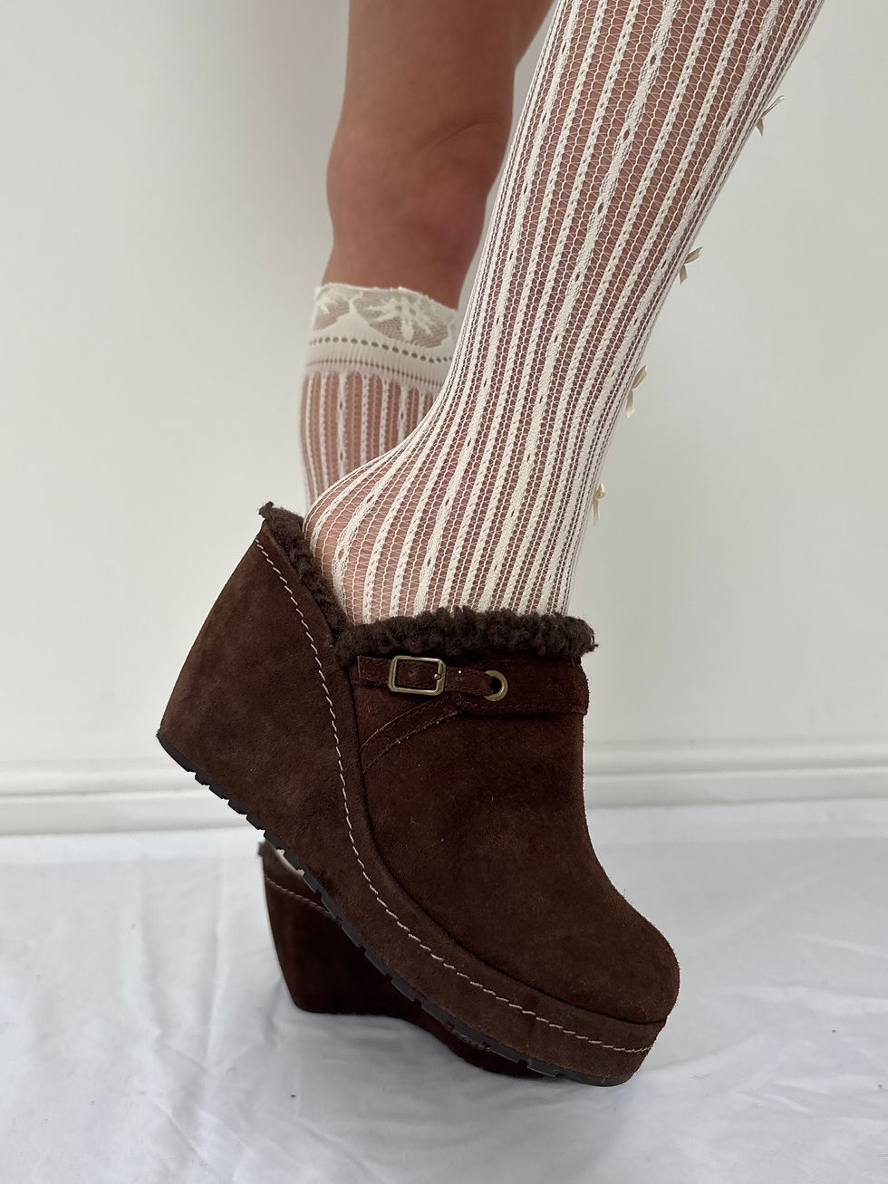 Thumbnail: Brown Suede Buckle Mule Wedges