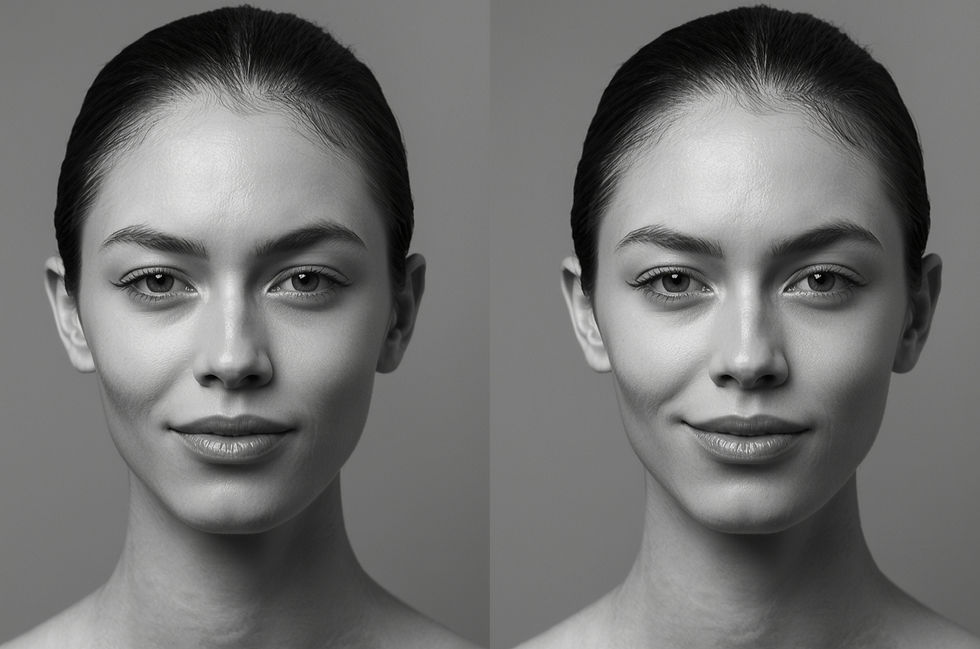 "Side-by-side Vergleich: Linke Seite zeigt Frau mit neutralem, ruhigem Gesichtsausdruck; rechte Seite dieselbe Person mit Verachtungsausdruck charakterisiert durch asymmetrisches Mundlächeln, hochgezogene Augenbraue und herabschauenden Blick"