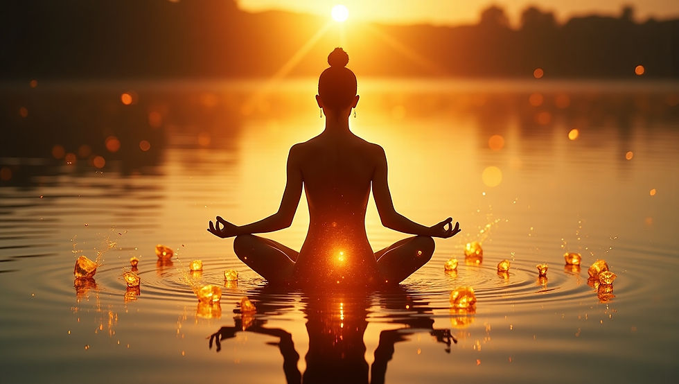 Silhouette einer in Lotussitz meditierenden Person (Yoga-Haltung) bei Sonnenuntergang über einem Gewässer. Die Figur strahlt inneres Licht aus dem Bauchbereich (Chakra-Bereich) ab. Um sie herum befinden sich auf der Wasseroberfläche goldene, leuchtende Elemente, die in konzentrischen Wellen Lichtreflexe erzeugen. Das Bild symbolisiert Ruhe, Achtsamkeit, Spiritualität und innere Energie.