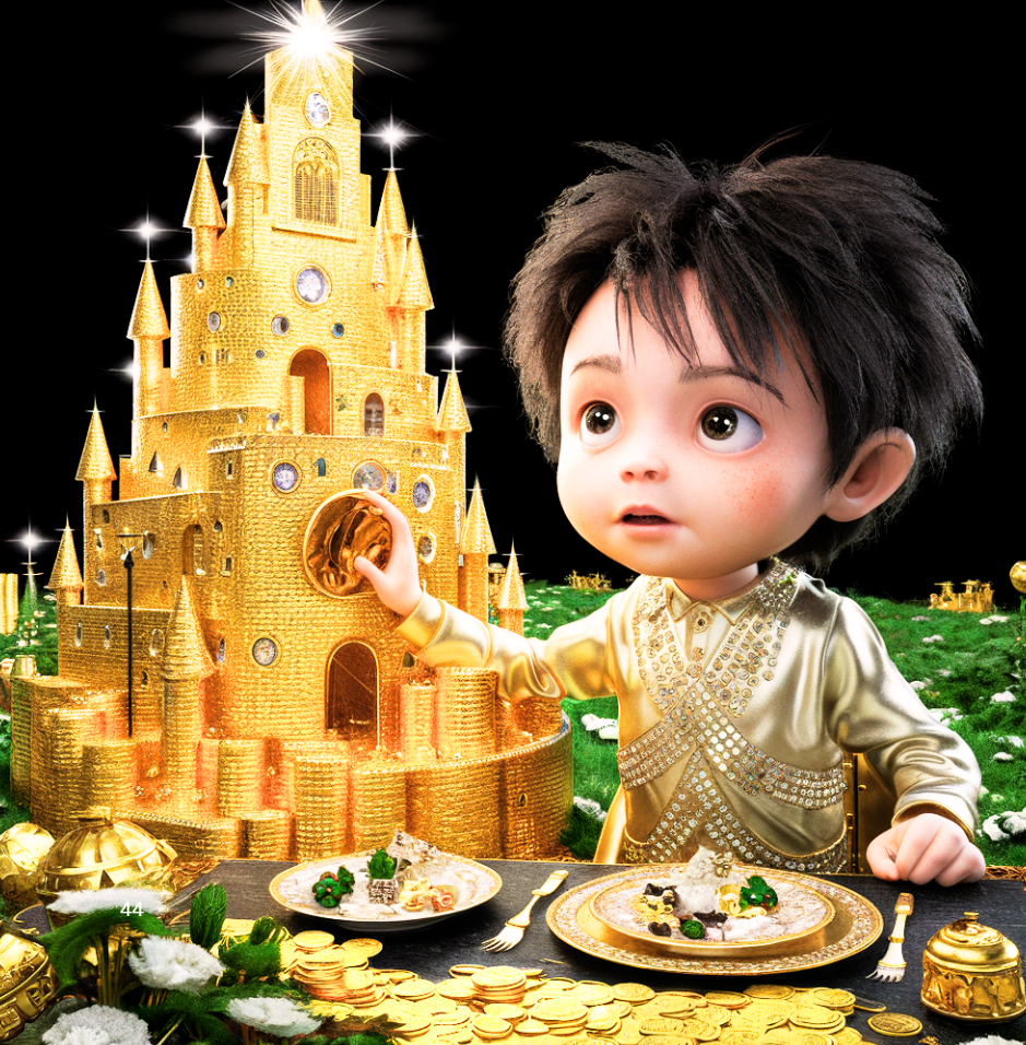 Miniaturbild: Ein Junge in goldener Kleidung sitzt vor einem riesigen Goldschloss und einer Tafel voller Goldmünzen und goldener Teller.