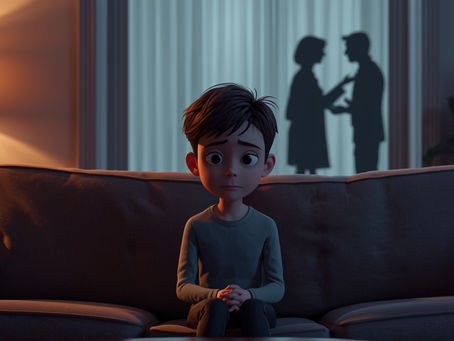Kind sitzt allein auf einem Sofa, im Hintergrund streiten unscharf dargestellte Eltern – Symbol für die psychische Belastung von Kindern durch elterliche Konflikte und Familiendynamiken.