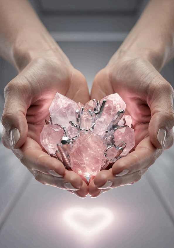 Miniaturbild: Hände halten strahlenden rosa Kristallcluster in Herzform als Symbol für Heilung, Selbstliebe und energetischen Schutz