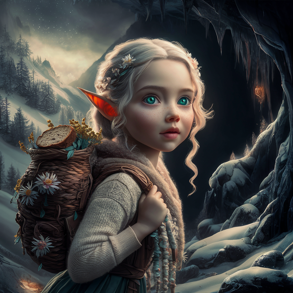 Miniaturbild: Eine junge Elfe mit geflochtenen blonden Haaren und einem Weidenkorb steht in einer glitzernden Winterlandschaft