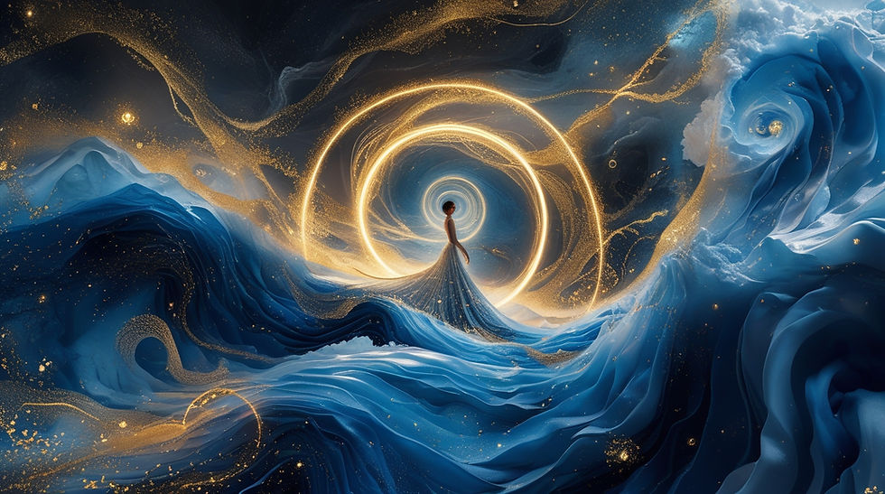 Abstraktes golden-blaues Energiebild mit fließenden Mustern – Symbol für seelische Bestimmung und Harmonie