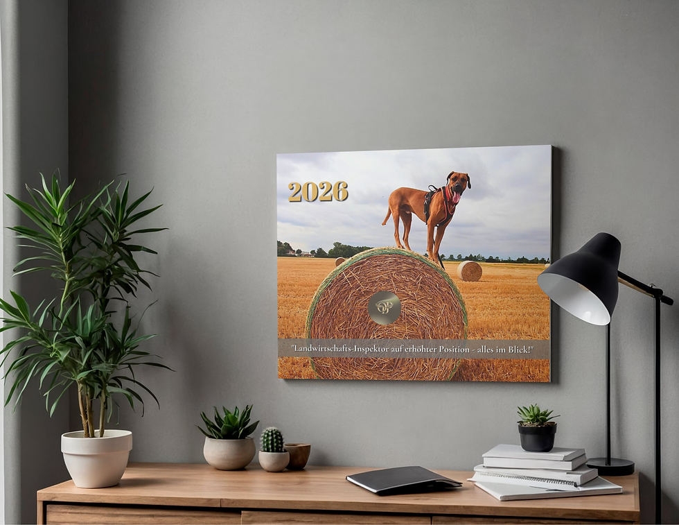 Miniaturbild: Wandkalender mit Foto eines Rhodesian Ridgebacks, der auf einem Strohballen steht; modern eingerichteter Schreibtisch