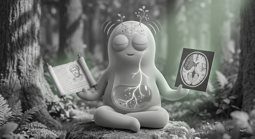 Grayscale cartoon 3D blob character in a peaceful forest setting, practicing slow deep breathing — a long glowing vagus nerve line visible through its transparent body connecting head to belly, small BDNF molecules growing like tiny plants around its neural