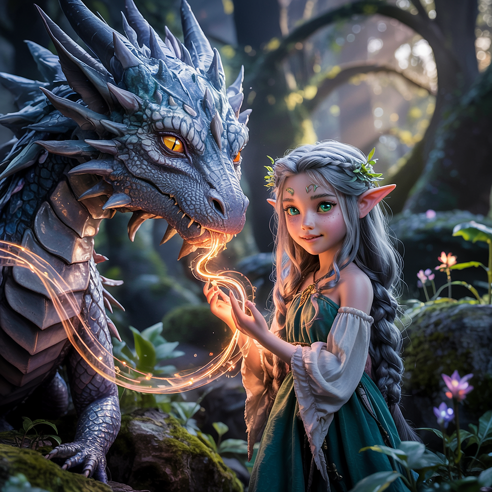 Miniaturbild: Dramatisches Fantasy-Porträt: Die Elfe Lyra hält eine leuchtende magische Kugel neben einem großen, freundlichen Drachen