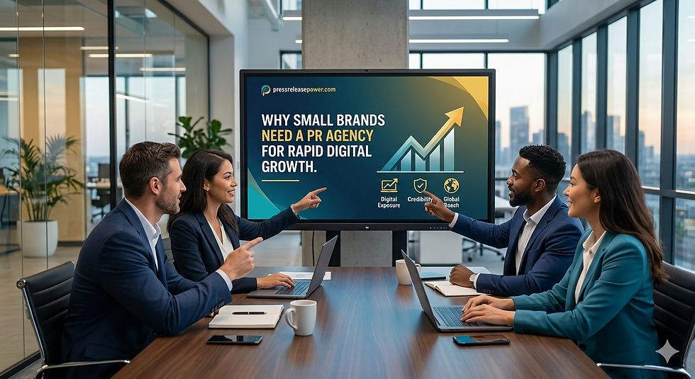 Professional business team in a modern office meeting room discussing PR and digital marketing strategy while presenting “Why Small Brands Need a PR Agency for Rapid Digital Growth” on a large screen with growth chart, credibility, digital exposure, and global reach icons.