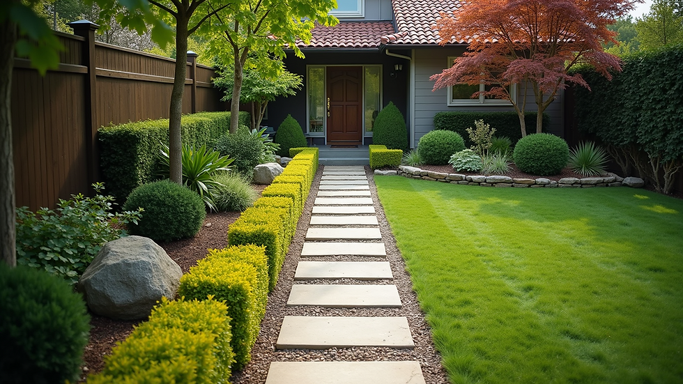 High angle view of a landscaped backyard with a stone pathway and garden beds