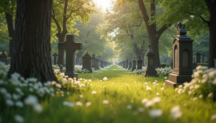 Eye-level view of a peaceful cemetery with simple headstones