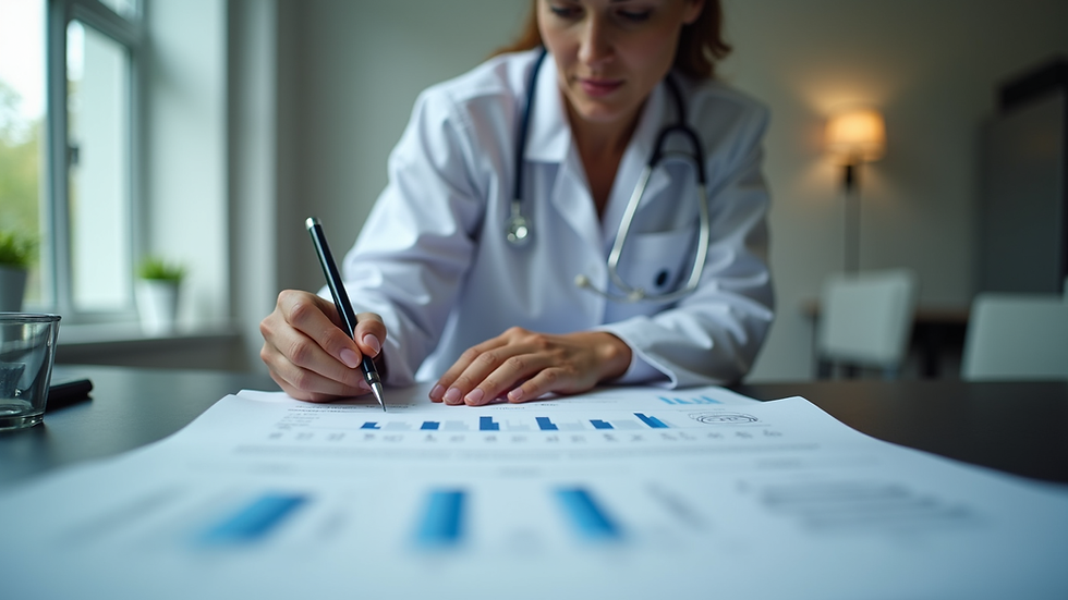 Eye-level view of a legal nurse consultant reviewing medical records
