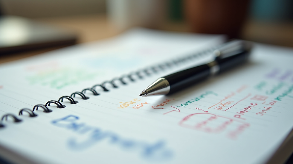 Close-up view of a therapist’s notebook with colorful notes and a pen