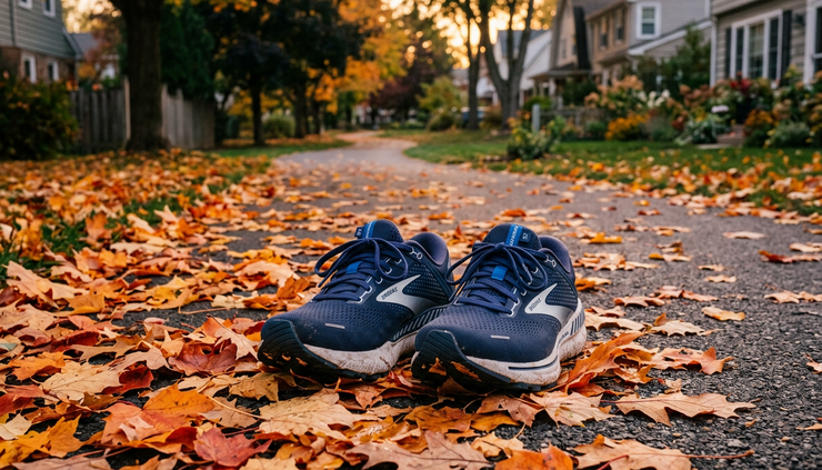 Close-up of running shoes on a quiet neighbourhood path with fallen leaves around them