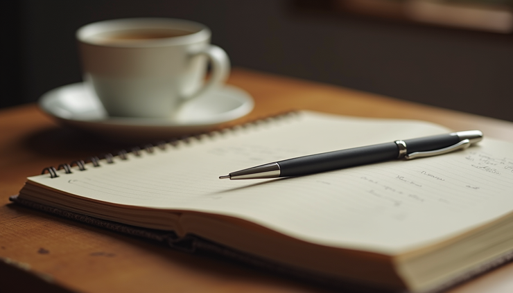 Close-up view of a journal with a pen and a cup of tea on a wooden table
