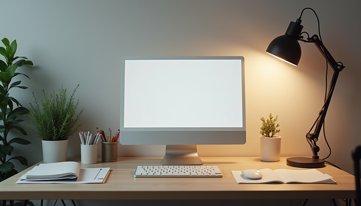 Eye-level view of a calm, organized workspace with soft lighting and minimal distractions