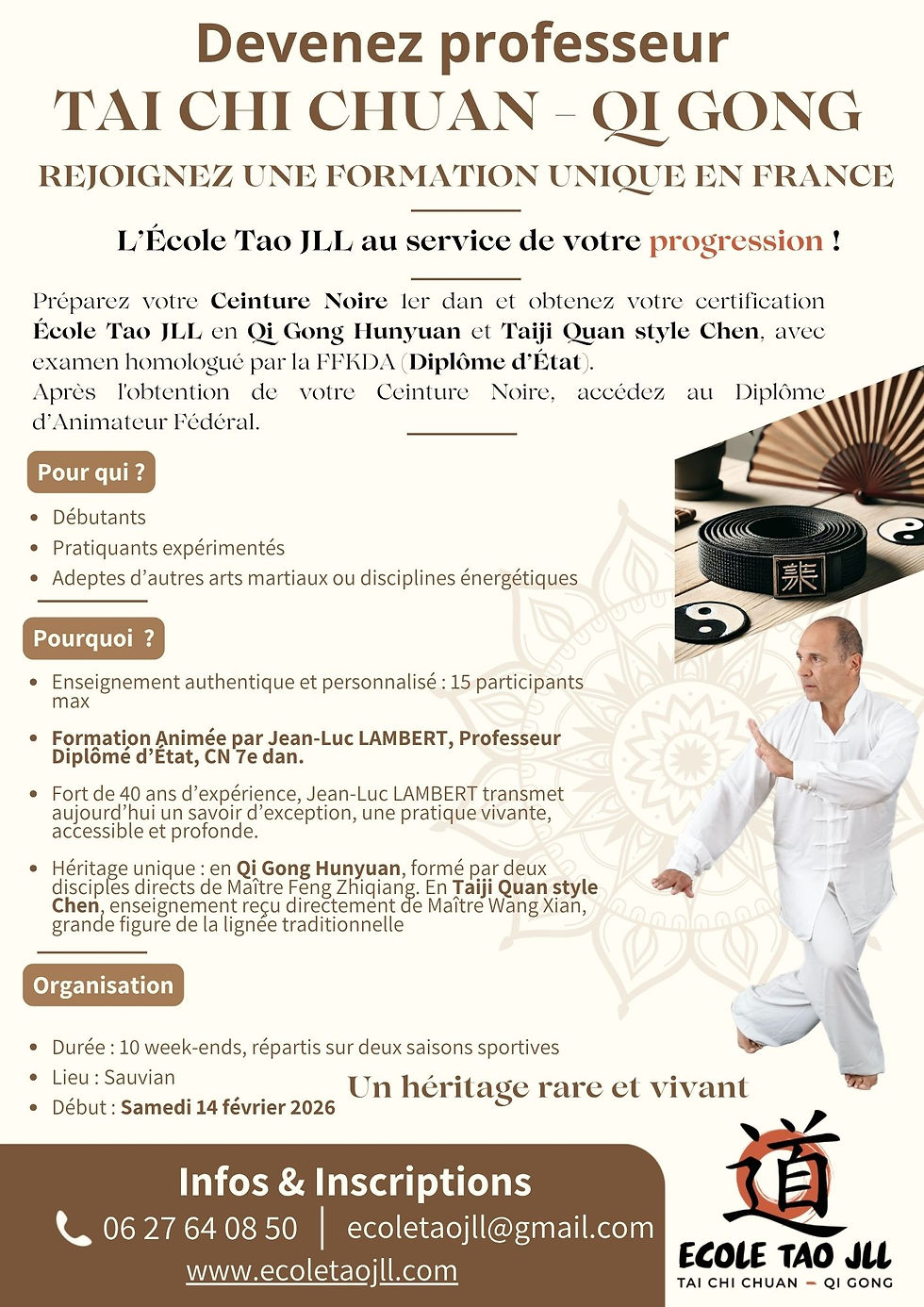 La  deuxième promotion de la formation Taiji Quan & Qi Gong à l’École Tao JLL, qui débutera le 14 février 2026.