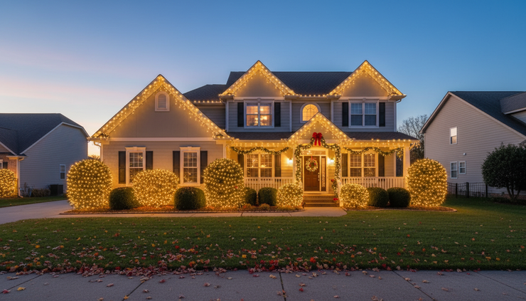 Wide-angle view of a finished holiday light display glowing at dusk.