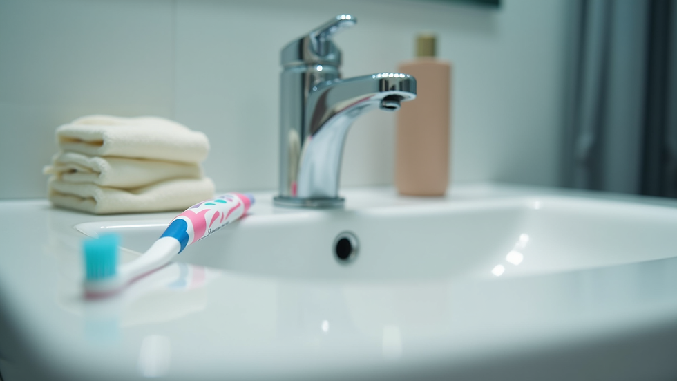 Eye-level view of a toothbrush and toothpaste on a bathroom sink