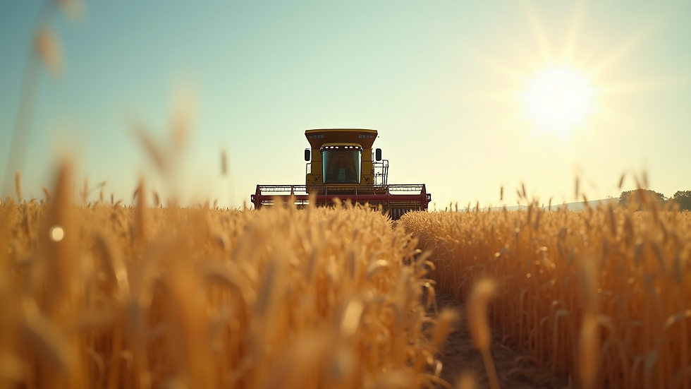 Eye-level view of a large tractor harvesting wheat in a vast field