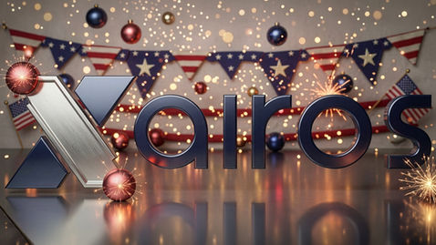 A photorealistic 3D render of the Xairos corporate logo, stylize with stars, stripes, and subtle American flag patterns.