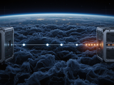 A photorealistic conceptual illustration depicting the synchronization of two high-tech atomic clocks over a vast, dark distance, like the Earth as seen from low orbit.