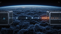 A photorealistic conceptual illustration depicting the synchronization of two high-tech atomic clocks over a vast, dark distance, like the Earth as seen from low orbit.