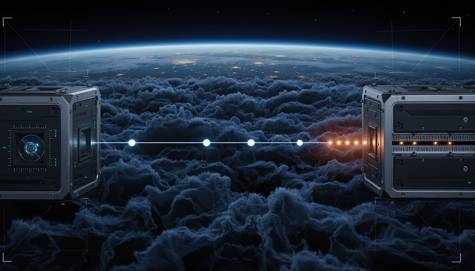 A photorealistic conceptual illustration depicting the synchronization of two high-tech atomic clocks over a vast, dark distance, like the Earth as seen from low orbit.