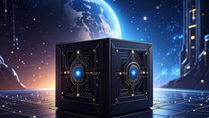 Futuristic black cube with glowing blue center on a grid surface in space, Earth visible in the background, creating a mysterious vibe.