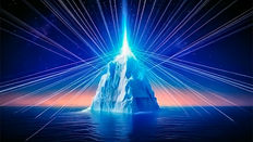 few directional laser beams of communication lines from the tip of a towering iceberg; the beams connect outward from the tip of the iceberg and power the rest of the world and into space; with elements of the galaxy and satellites; keep the beams white/light blue; dark skies