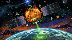 Jack-O-Lantern themed space satellite, over Earth shining a green beam