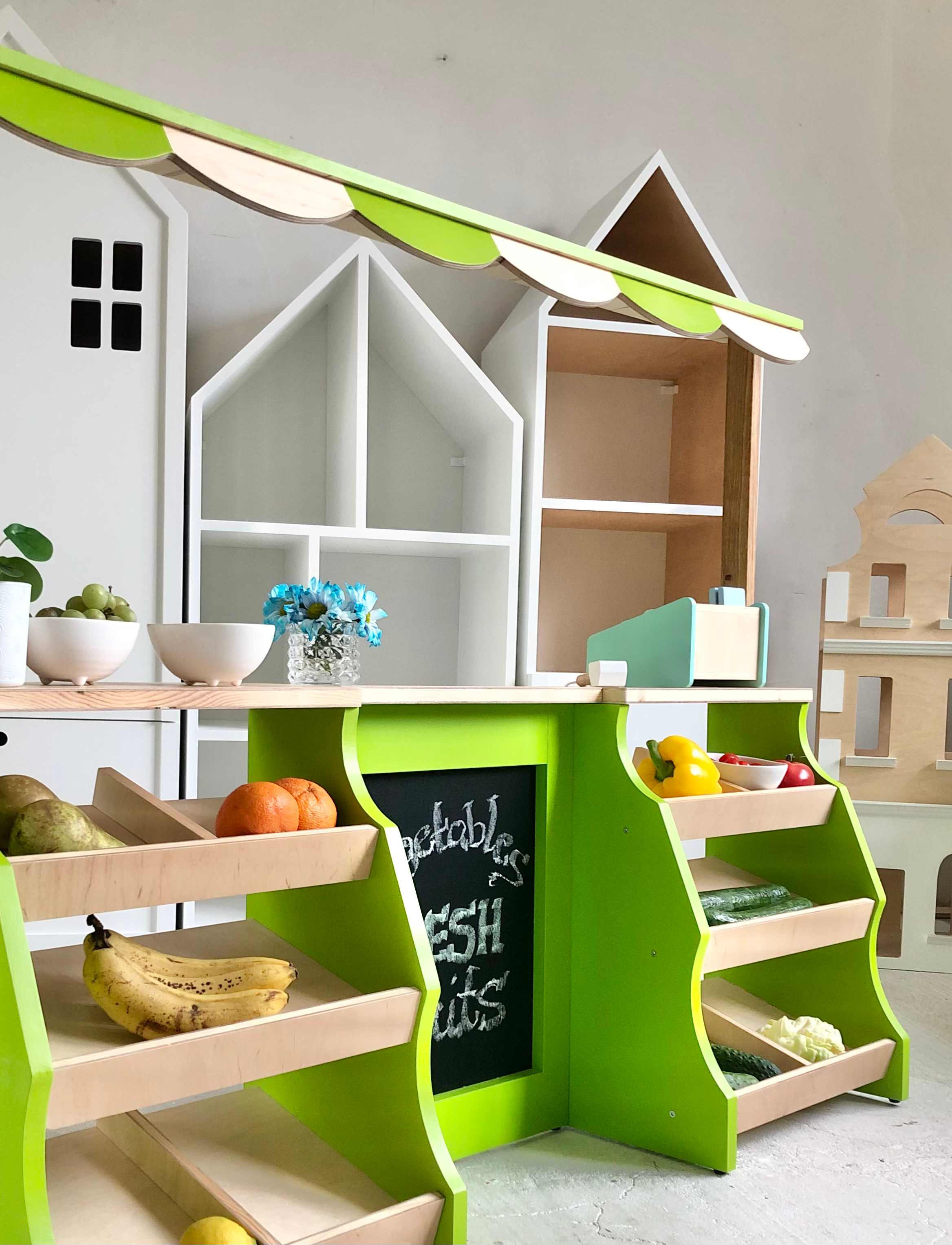 Wooden Montessori-style toy grocery store for children