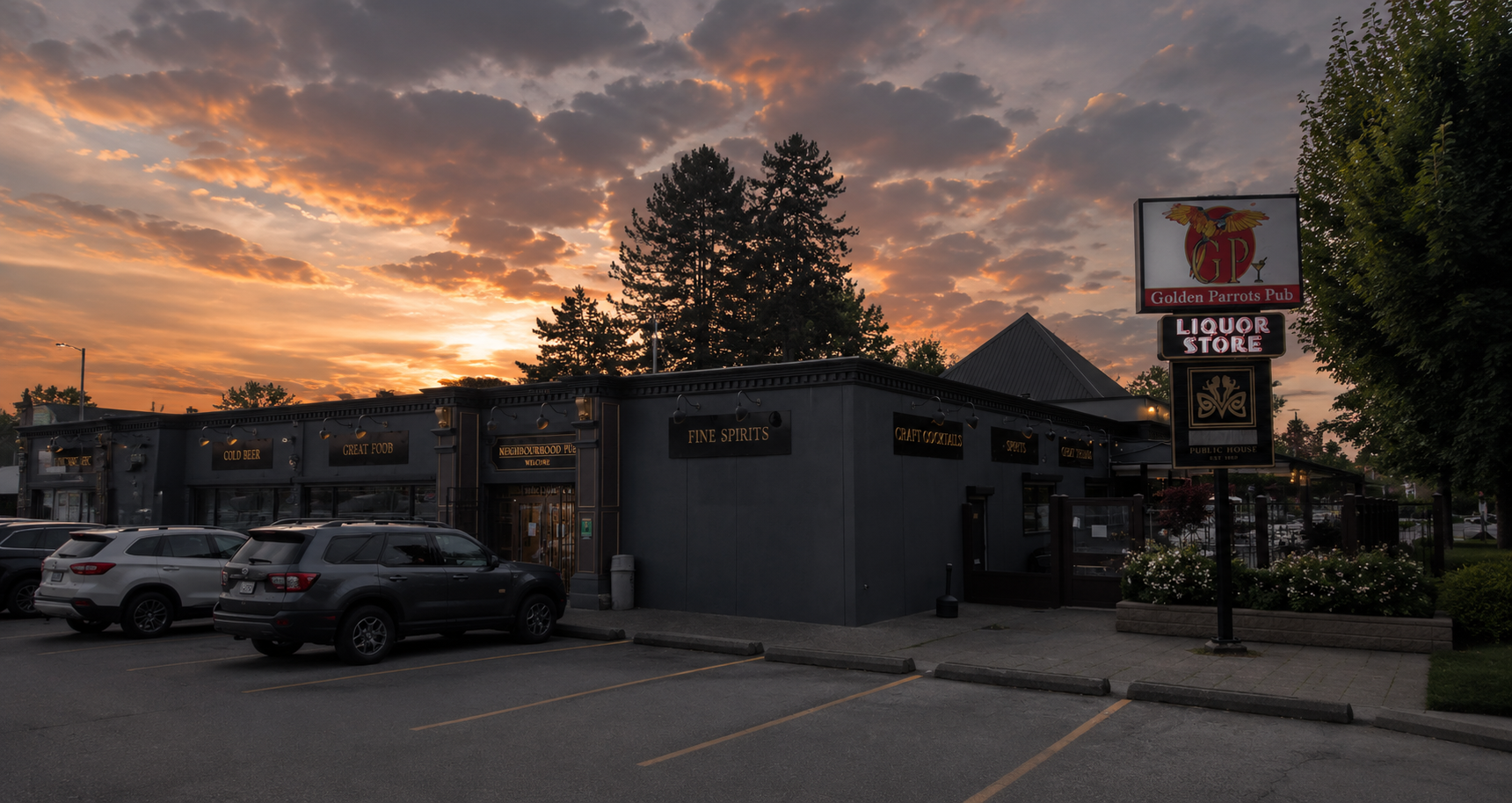 Golden Parrots Pub on Golden Drive at sunset
